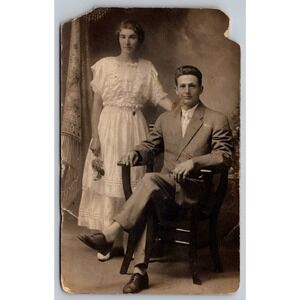 Antique RPPC Real Photo Postcard Couple Portrait Edwardian Fashion 1904-1920